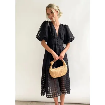 V-NECK LANTERN SLEEVE DRESS